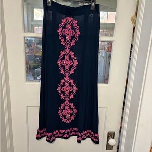 INC International Concepts Navy Maxi Skirt with Pink Embroidery